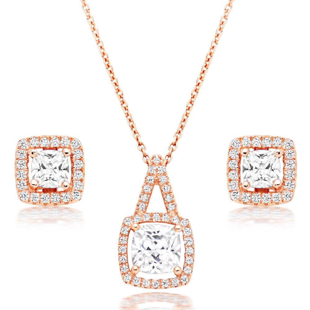 Rose Gold Plated Silver Cubic Zirconia Halo Pendant and Earrings Set